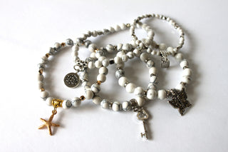 GENUINE Natural Stones/Healing Crystals, hand-crafted bracelets (White Howlite). All bracelets are adorned with silver or gold charms.