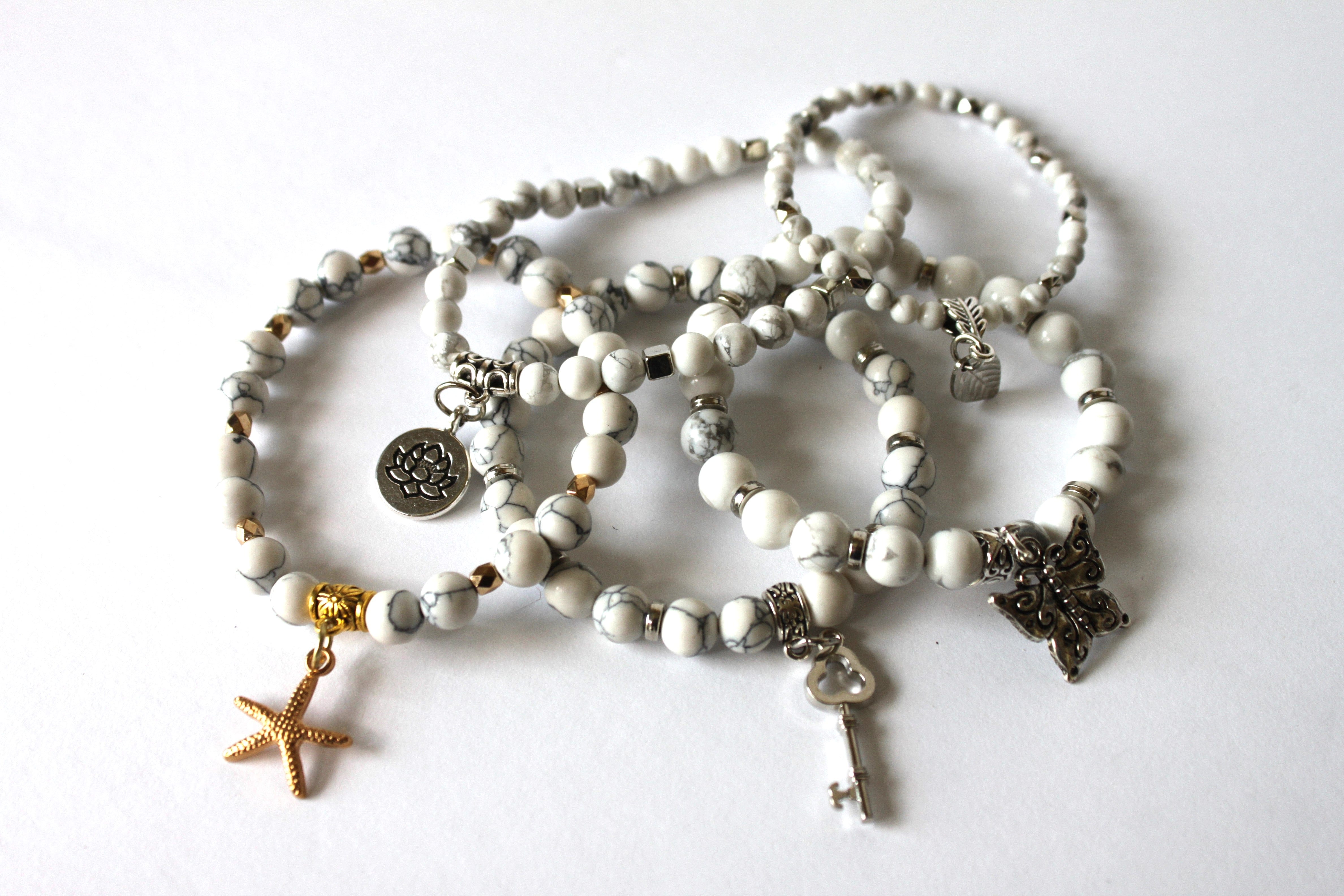 GENUINE Natural Stones/Healing Crystals, hand-crafted bracelets (White Howlite). All bracelets are adorned with silver or gold charms.