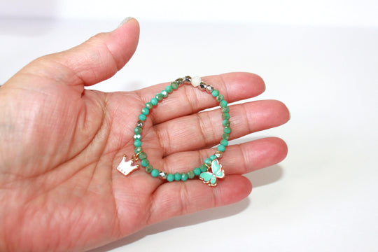 Green Crystal - 4" (child size) GENUINE Natural Stones/Healing Crystals, hand-crafted bracelets (Green and blue agate, white labradorite, green jade). BGGRB5-4