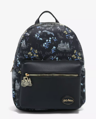 Harry Potter Mini Backpack with Hogwarts Icons and Black Floral - front