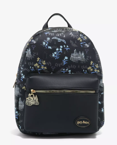 Harry Potter Mini Backpack with Hogwarts Icons and Black Floral - front