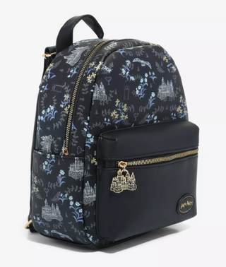 Harry Potter Mini Backpack with Hogwarts Icons and Black Floral - side1