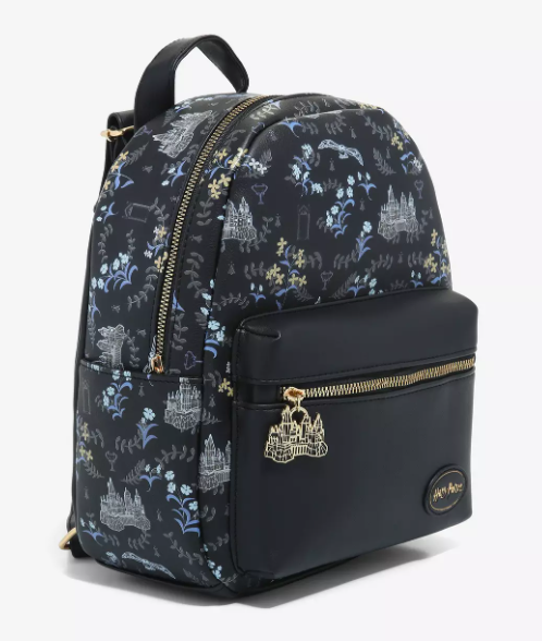 Harry Potter Mini Backpack with Hogwarts Icons and Black Floral - side1