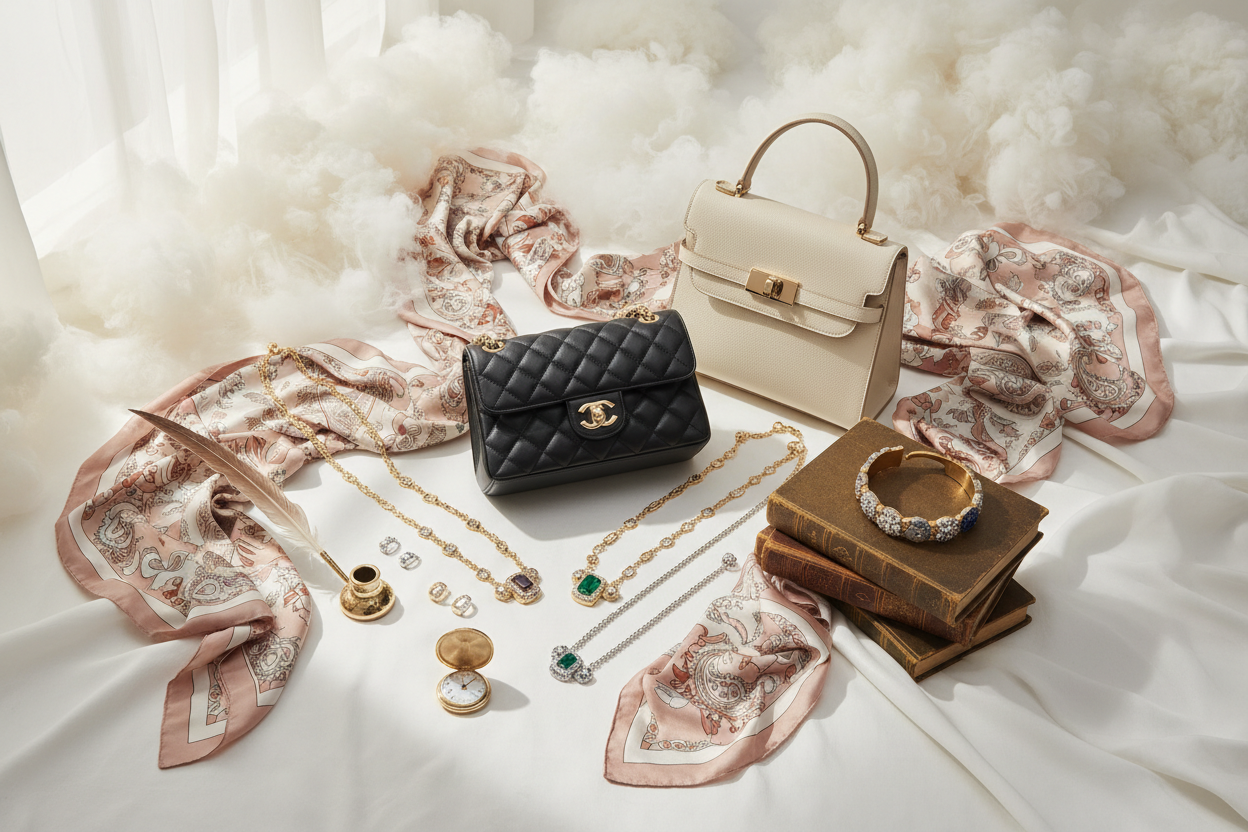 image containing purses, jewelry, vintage items, and scarves. Background should be light, wispy, with sophistication. 