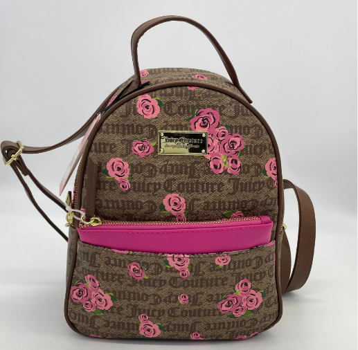 Juicy Couture MIni Backpack Brown with Pink Roses and separate removable pouch -front