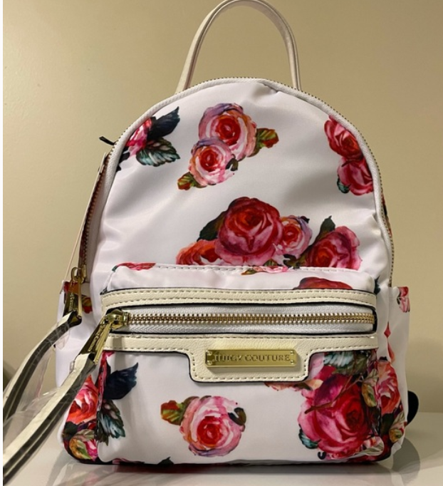 Juicy Couture Mini Backpack - white with floral pink roses & gold accents -front
