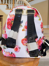 Load image into Gallery viewer, Juicy Couture Mini Backpack - white with floral pink roses &amp; gold accents- back
