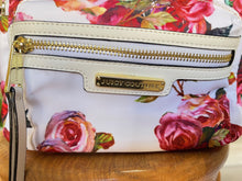 Load image into Gallery viewer, Juicy Couture Mini Backpack - white with floral pink roses &amp; gold accents -front zip
