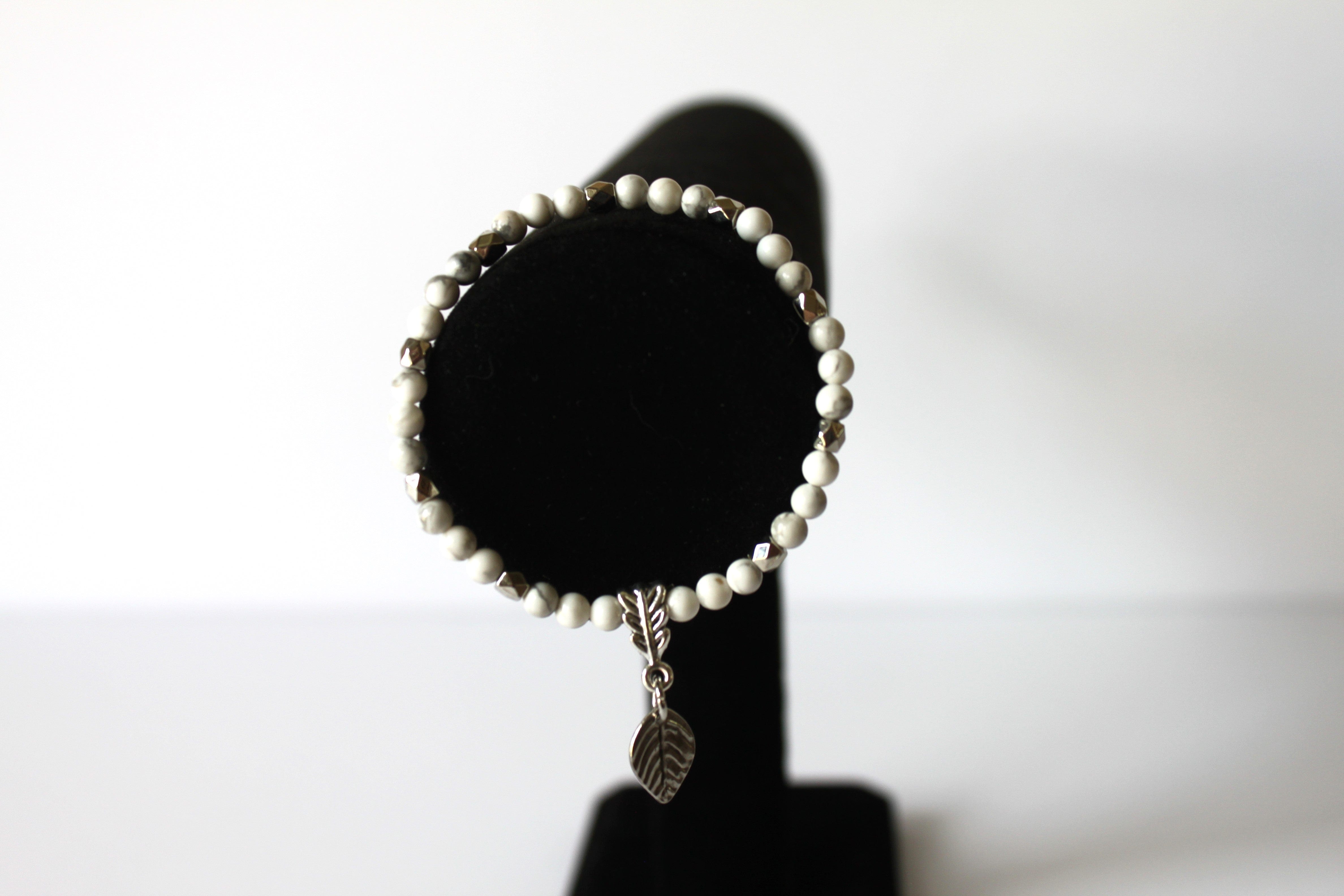 Leaf 7" GENUINE Natural Stones/Healing Crystals, hand-crafted bracelets (White Howlite). All bracelets are adorned with silver or gold charms. BGWB13-2