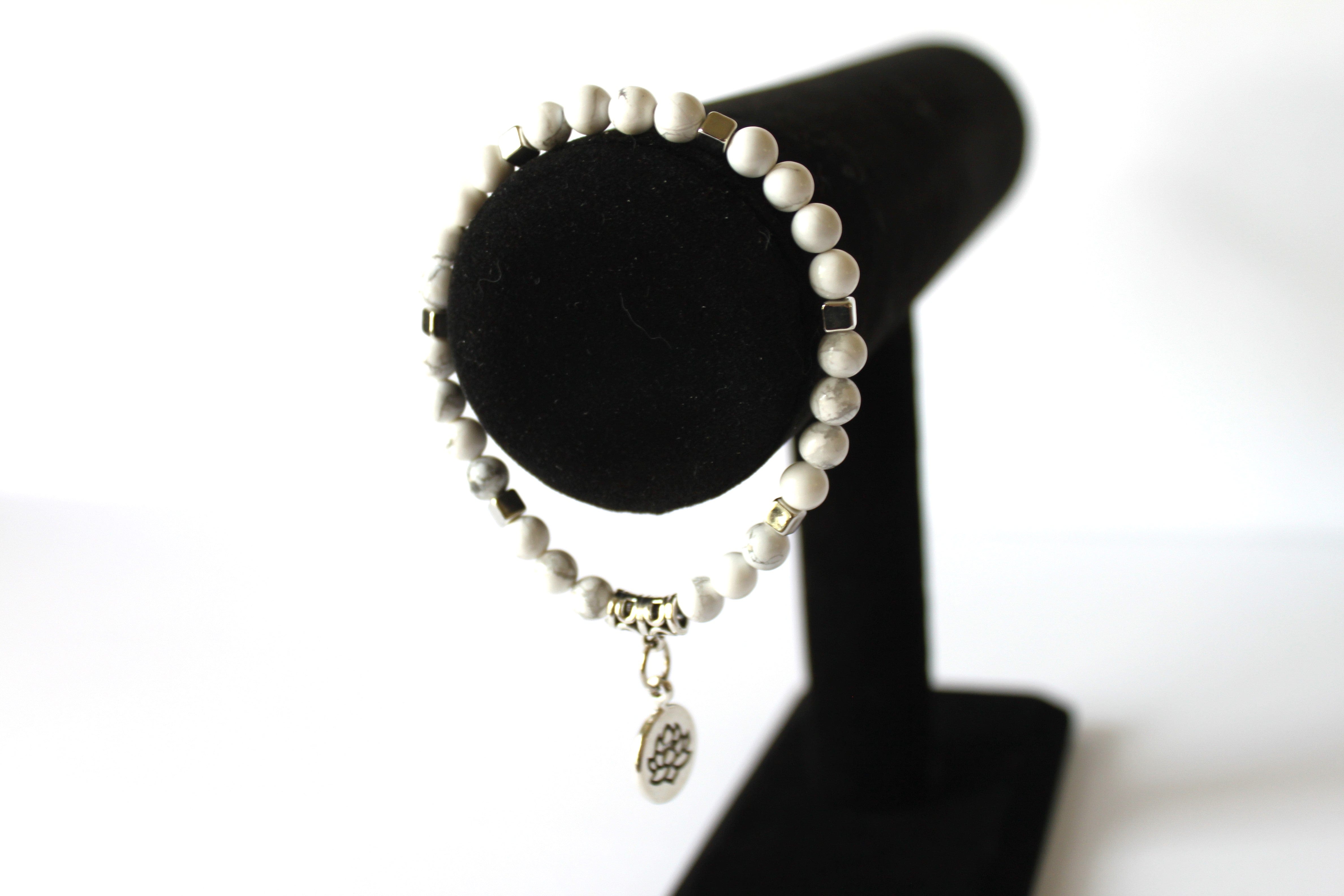 Lotus 7.5" GENUINE Natural Stones/Healing Crystals, hand-crafted bracelets (White Howlite). All bracelets are adorned with silver or gold charms. BGWB13-1