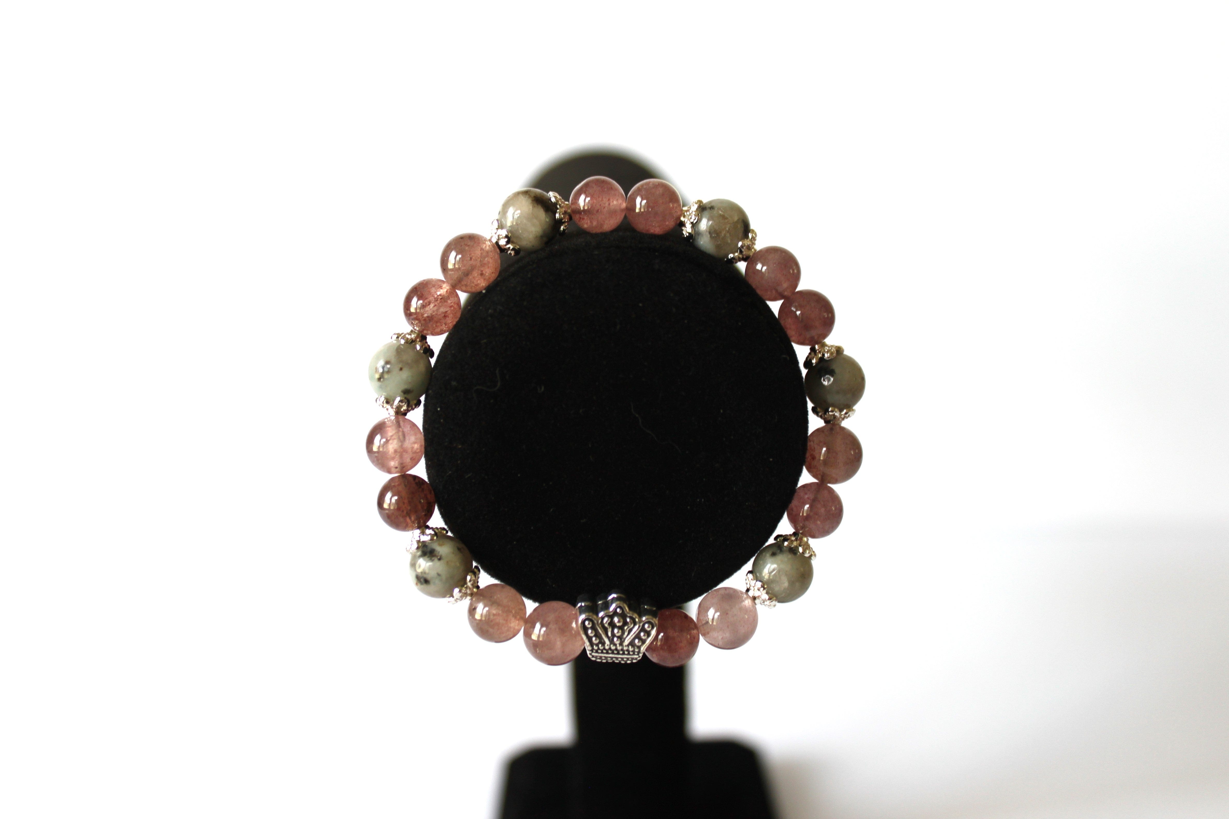 Quartz/Gray - Crown GENUINE Natural Stones/Healing Crystals, hand-crafted bracelets (Strawberry quartz, Sakura Jasper). With gold or silver charms. BGPB14-3