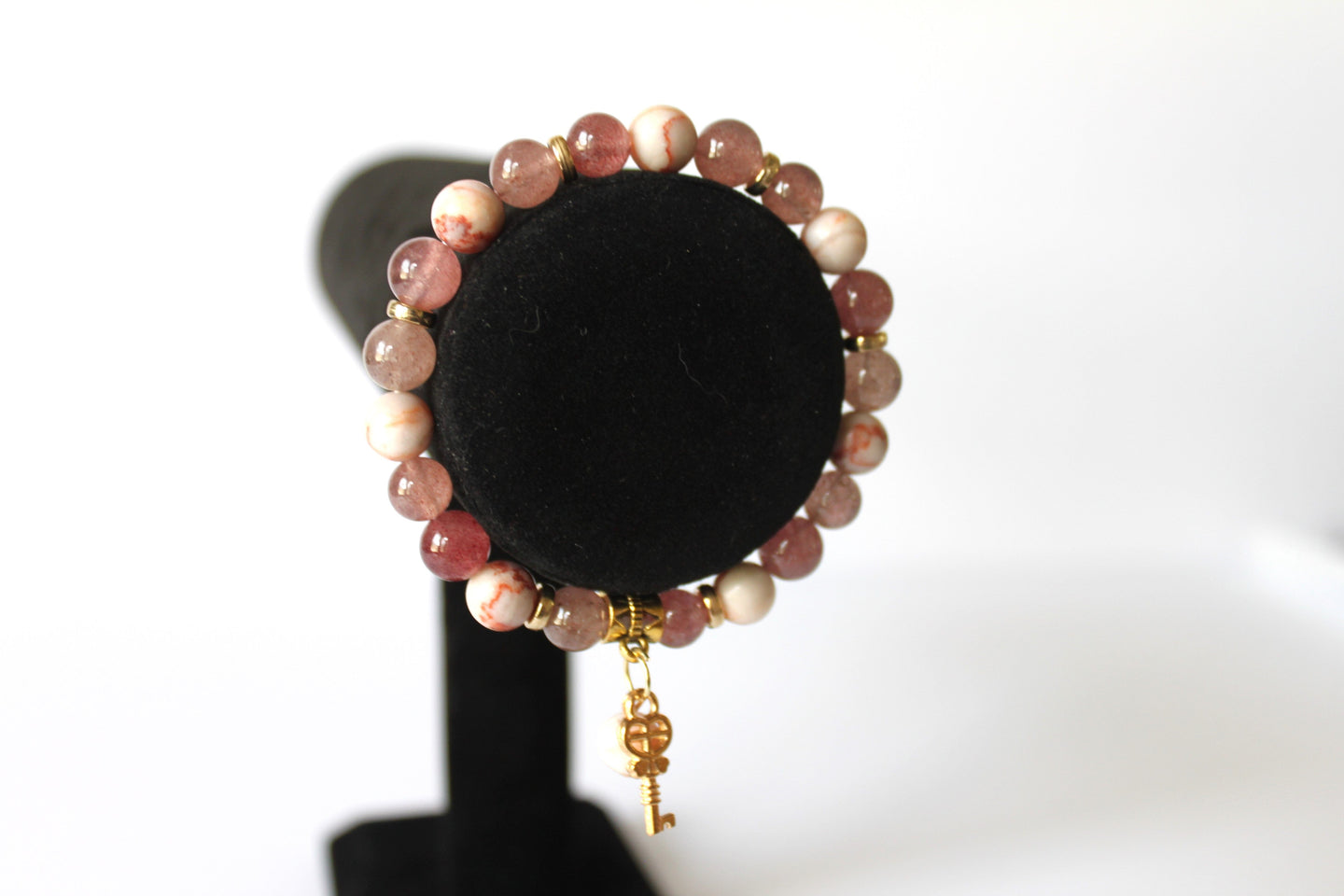 Quartz/Jasper - key GENUINE Natural Stones/Healing Crystals, hand-crafted bracelets (Strawberry quartz, Sakura Jasper). With gold or silver charms. BGPB14-1