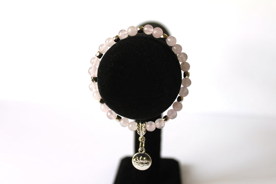 Rose/Lotus GENUINE Natural Stones/Healing Crystals, hand-crafted bracelets  (Rose and dark rose quartz). Adorned with silver or gold charms BGRB10-4