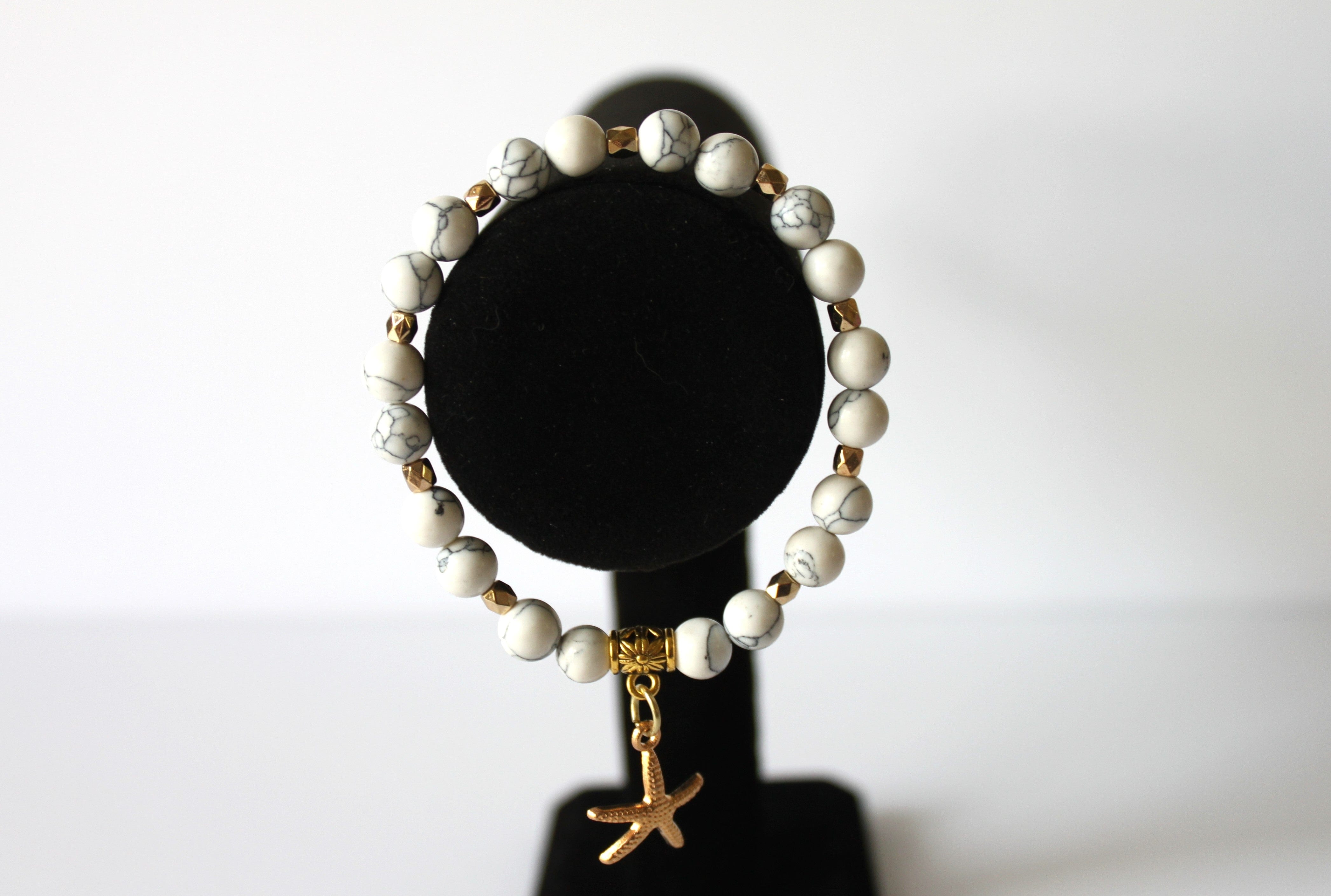 Starfish 7.5" GENUINE Natural Stones/Healing Crystals, hand-crafted bracelets (White Howlite). All bracelets are adorned with silver or gold charms. BGWB13-4