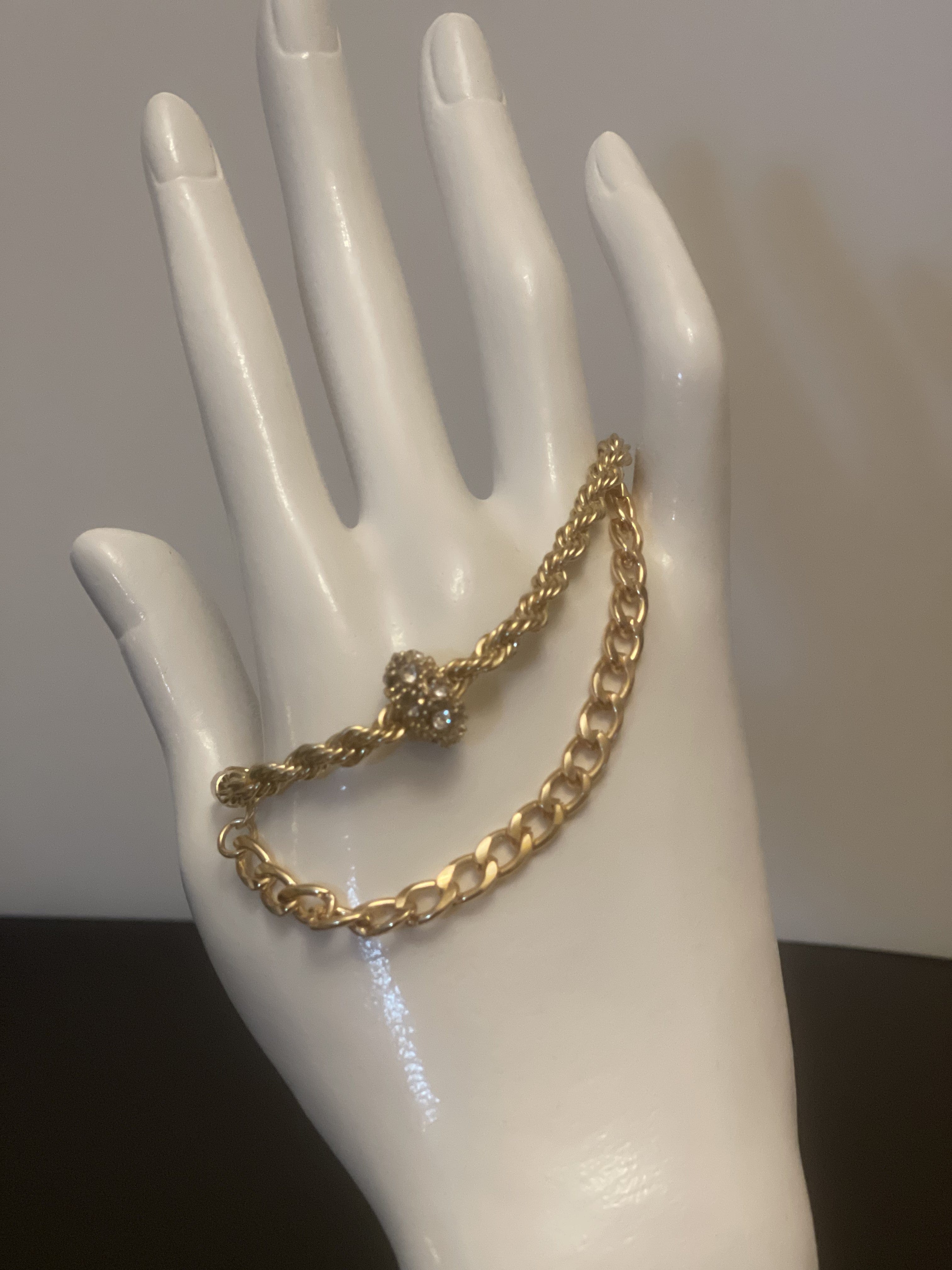 Bracelet - 2 gold bracelets - layer style. Rope and cable chain designs w/rhinestone charm - 6.5" JL135
