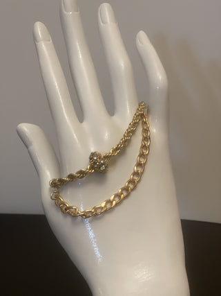 Bracelet - 2 gold bracelets - layer style. Rope and cable chain designs w/rhinestone charm - 6.5" JL135