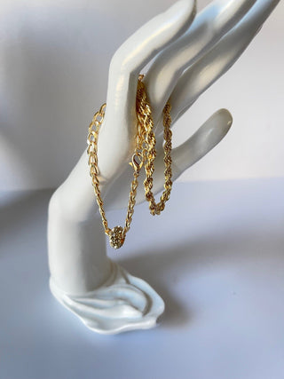 Bracelet - 2 gold bracelets - layer style. Rope and cable chain designs w/rhinestone charm - 6.5" JL135