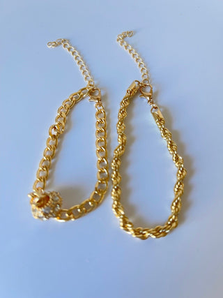 Bracelet - 2 gold bracelets - layer style. Rope and cable chain designs w/rhinestone charm - 6.5" JL135
