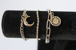 Bracelet - 3 silver bracelets - layer style. Paper clip, rope and cable chain designs w/moon & sun charms- 6.5" w/extensions JL068