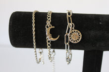 Load image into Gallery viewer, Bracelet - 3 silver bracelets - layer style. Paper clip, rope and cable chain designs w/moon &amp; sun charms- 6.5&quot; w/extensions JL068

