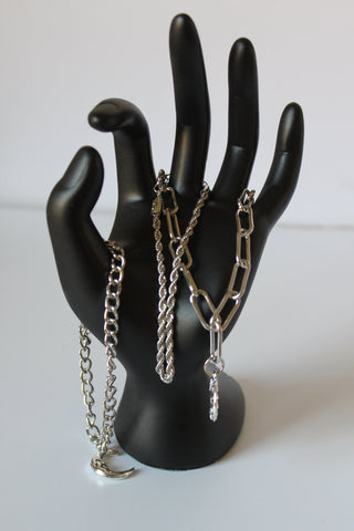 Bracelet - 3 silver bracelets - layer style. Paper clip, rope and cable chain designs w/moon & sun charms- 6.5" w/extensions JL068