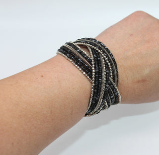 Bracelet - 7.0" Black and Silver Bangle - Crafted with Shiny Beads and a flexible opening JL023