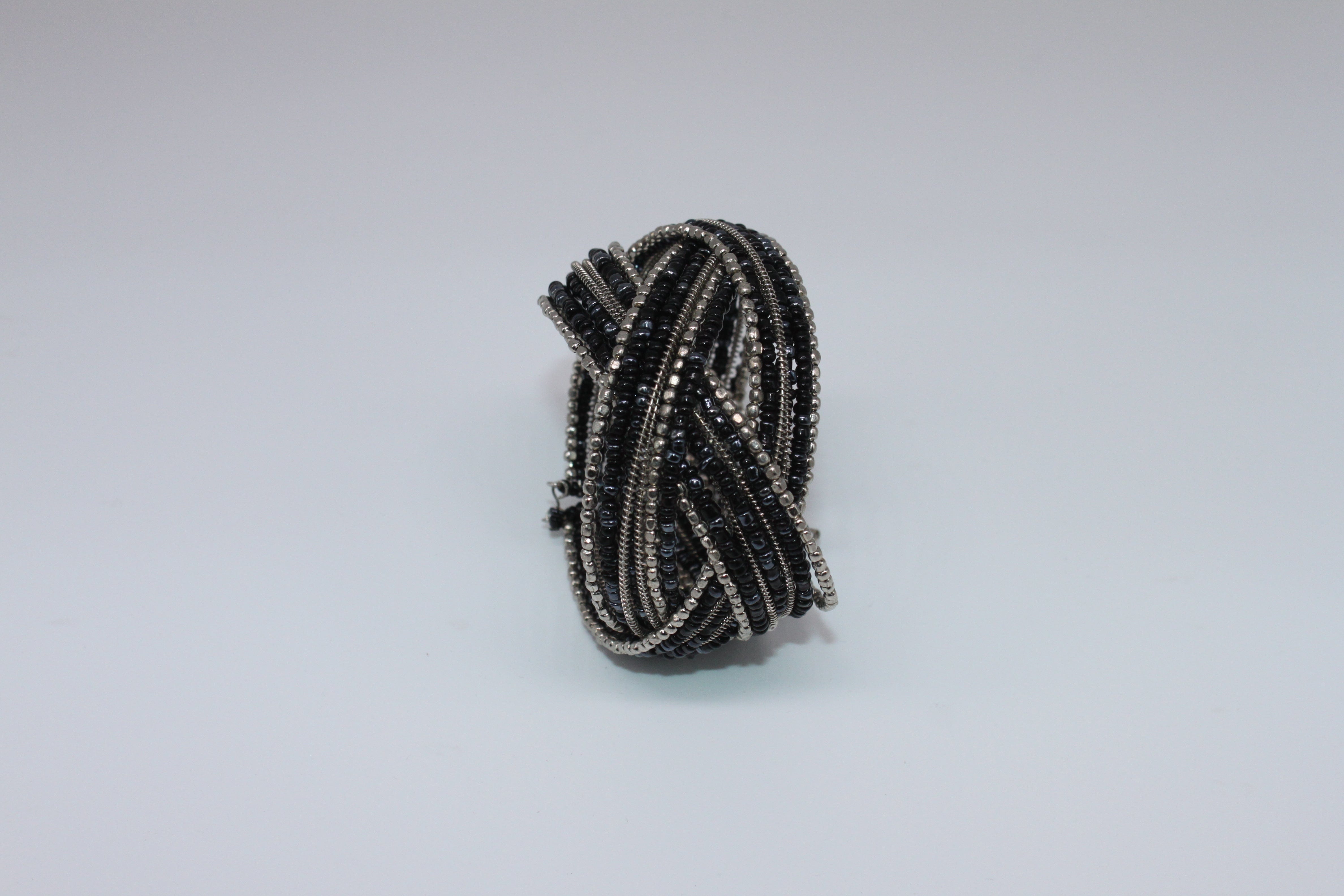 Bracelet - 7.0" Black and Silver Bangle - Crafted with Shiny Beads and a flexible opening JL023