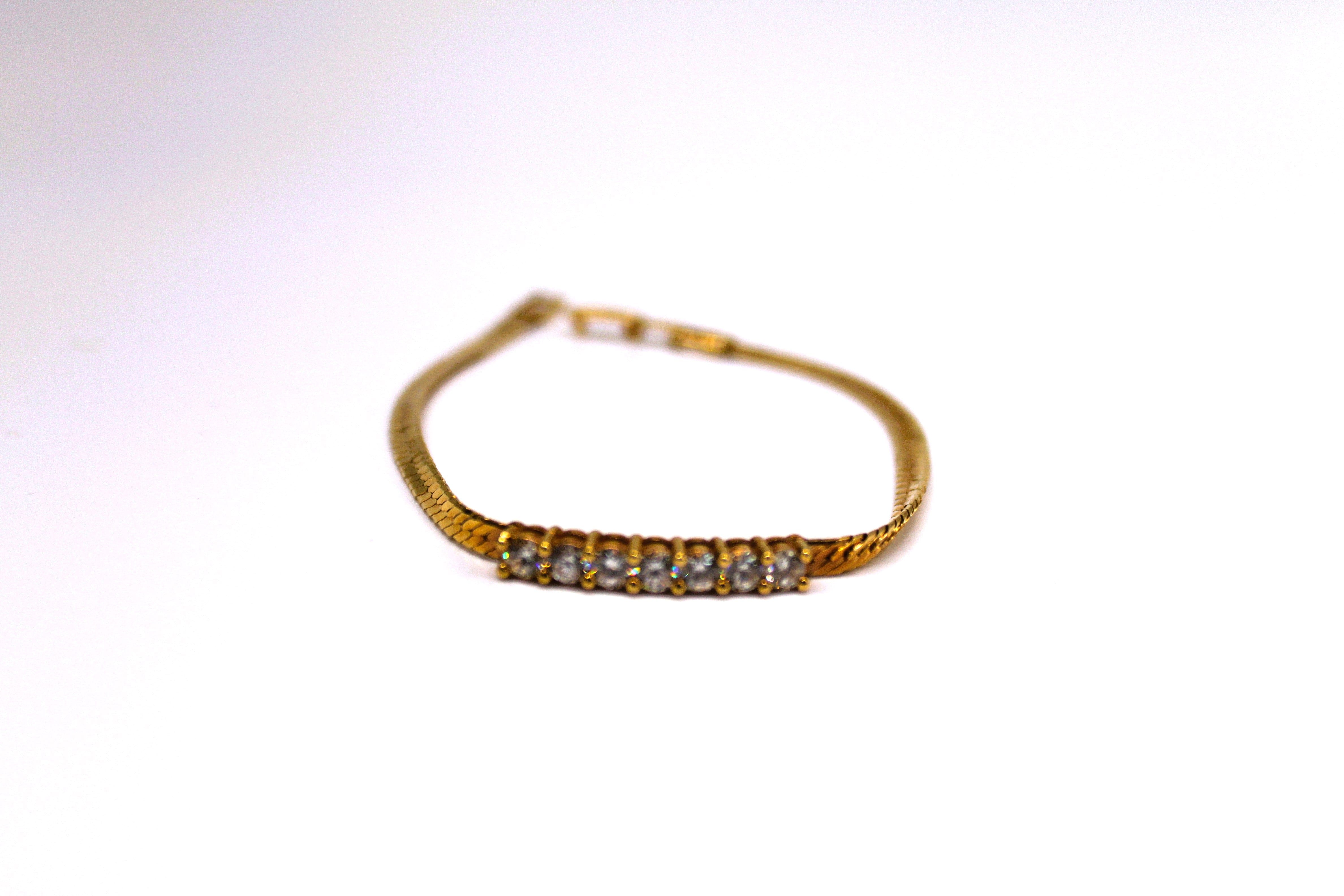 Bracelet - 7" VTG 14K Gold Plate Bracelet Crafted in a Beautiful Herringbone Pattern adorned with Rhinestones JL013