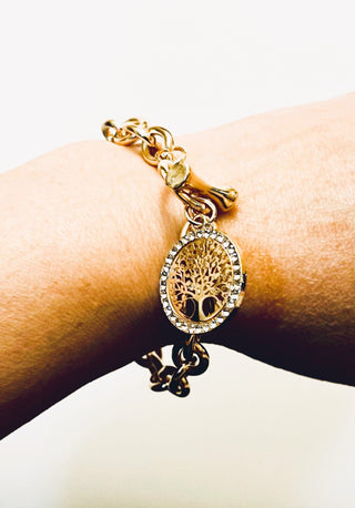 Bracelet - Gold bracelet over stainless steel in thick cable style design - tree of life charm - 6.5" JL136