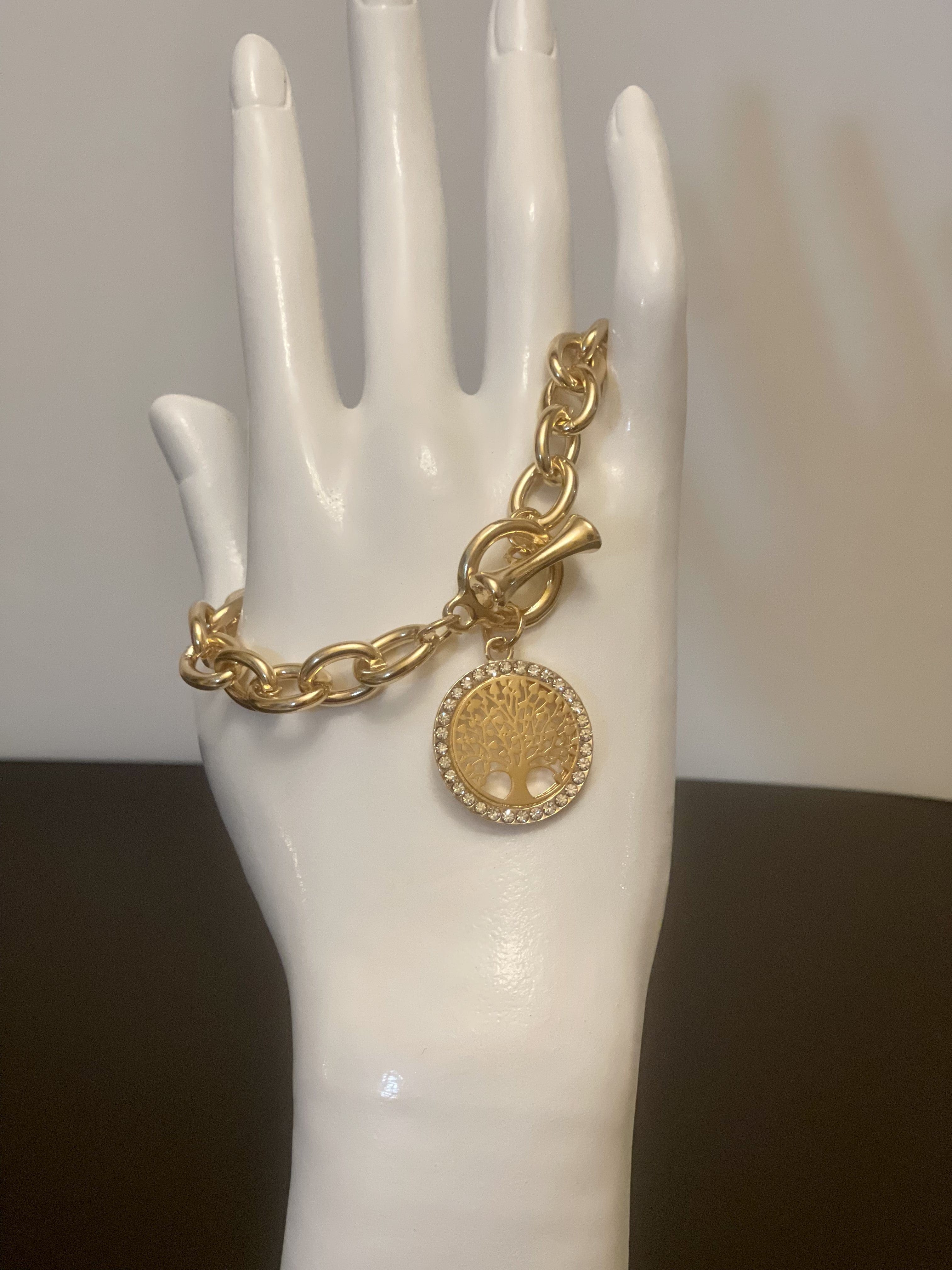 Bracelet - Gold bracelet over stainless steel in thick cable style design - tree of life charm - 6.5" JL136