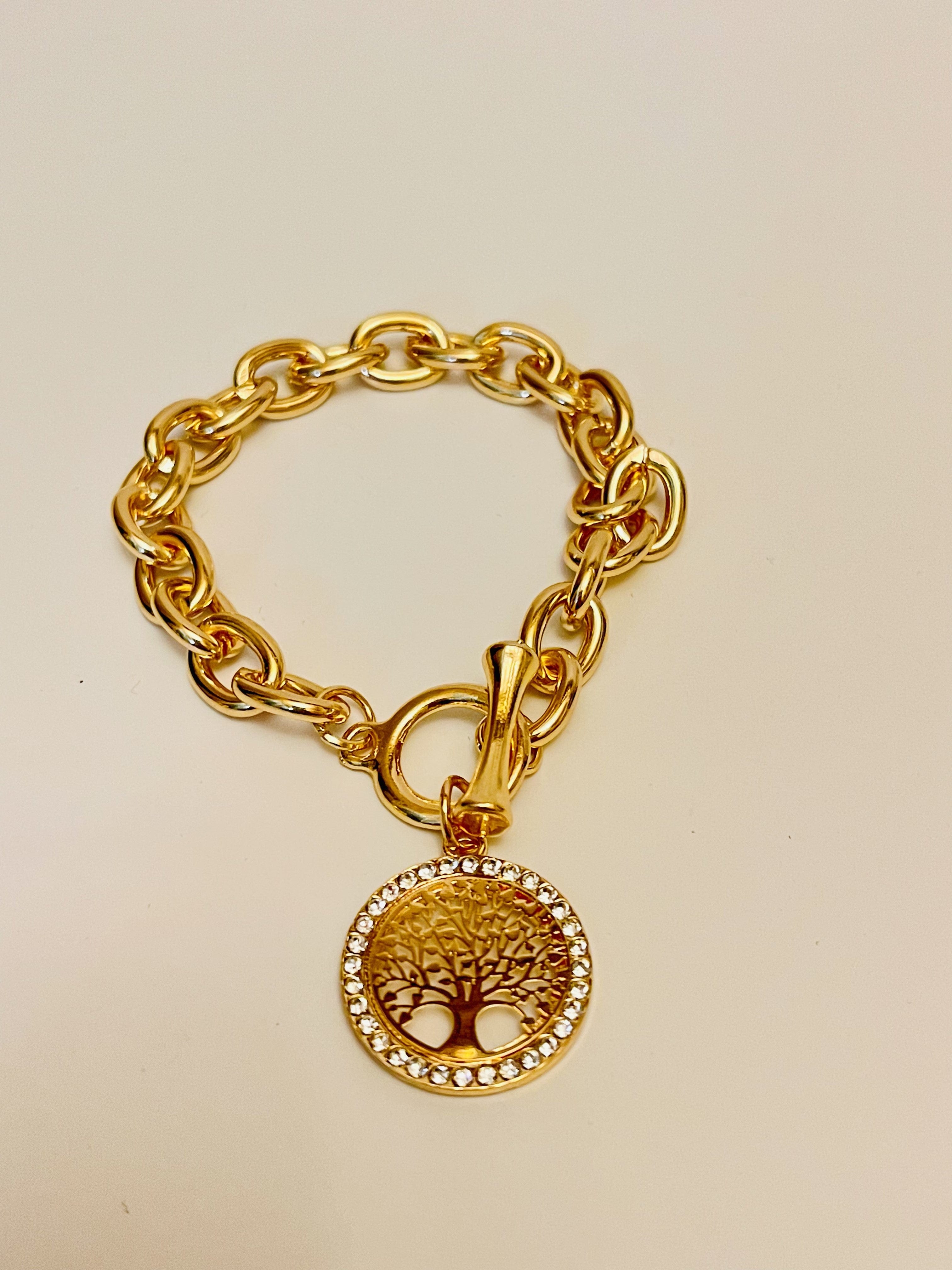 Bracelet - Gold bracelet over stainless steel in thick cable style design - tree of life charm - 6.5" JL136