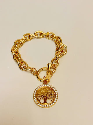 Bracelet - Gold bracelet over stainless steel in thick cable style design - tree of life charm - 6.5" JL136