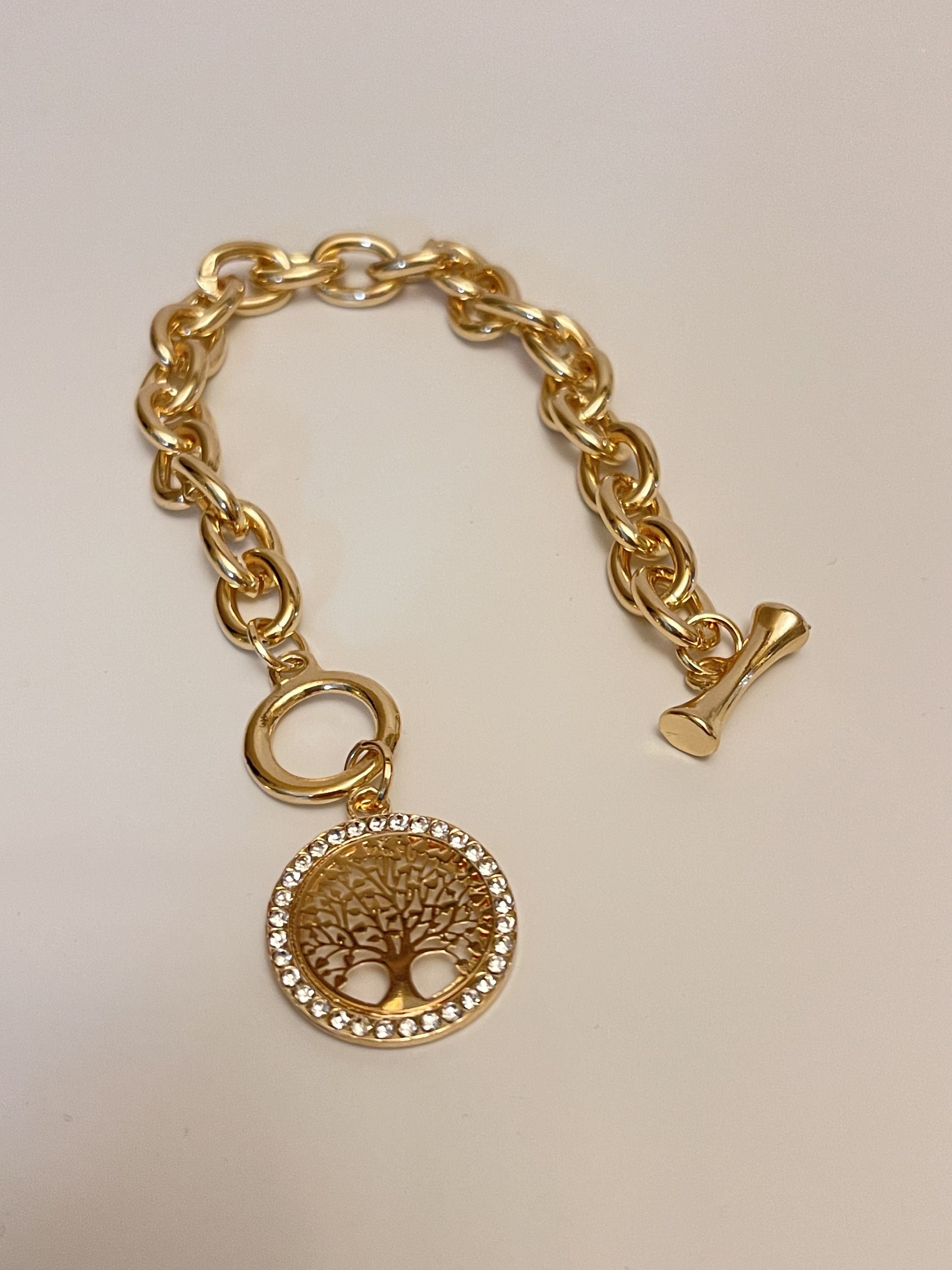 Bracelet - Gold bracelet over stainless steel in thick cable style design - tree of life charm - 6.5" JL136