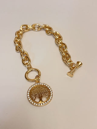 Bracelet - Gold bracelet over stainless steel in thick cable style design - tree of life charm - 6.5" JL136