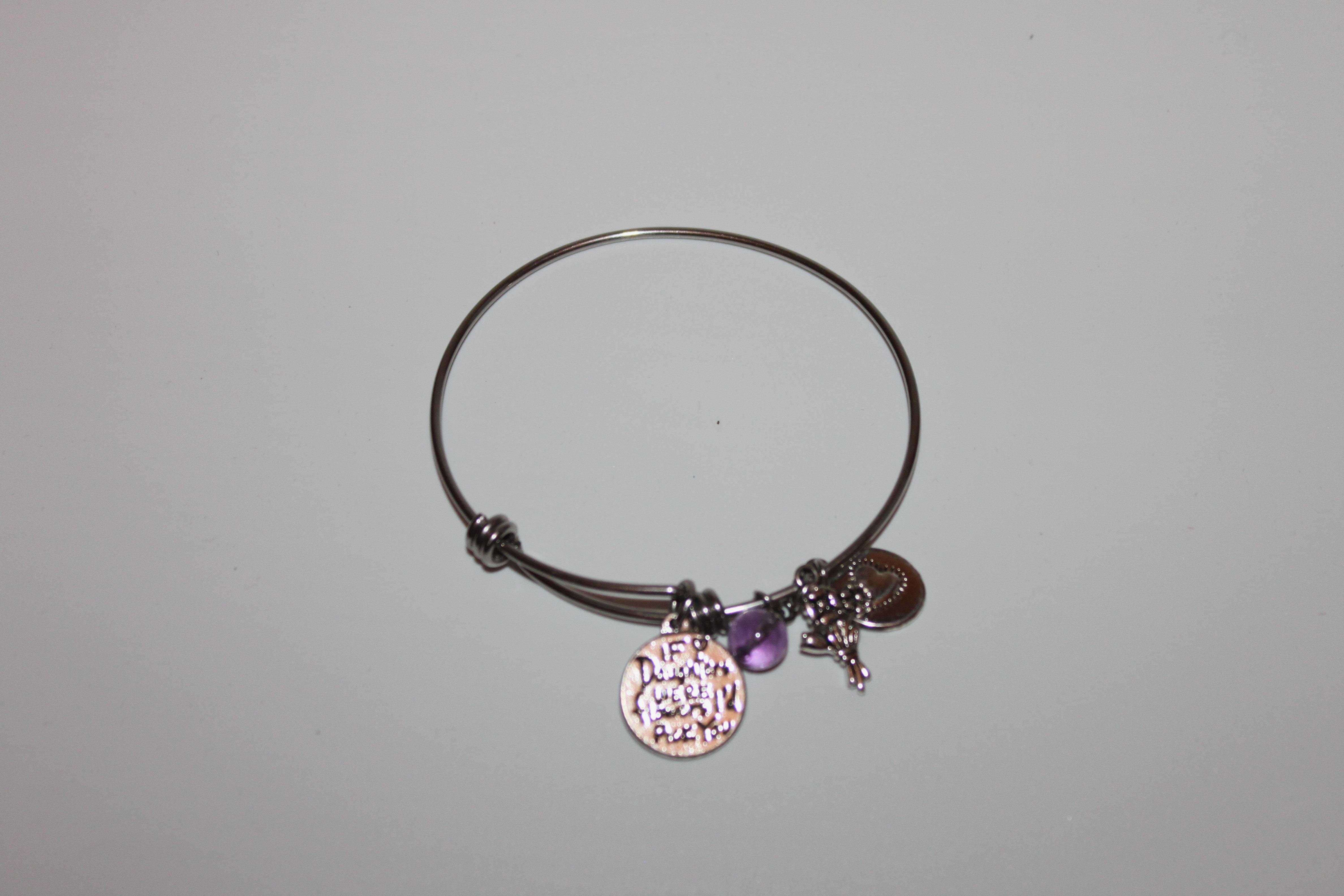 Bracelet - Silver bracelet for love of Daughter - purple amethyst, flower and gratitude charms - 7" JL072