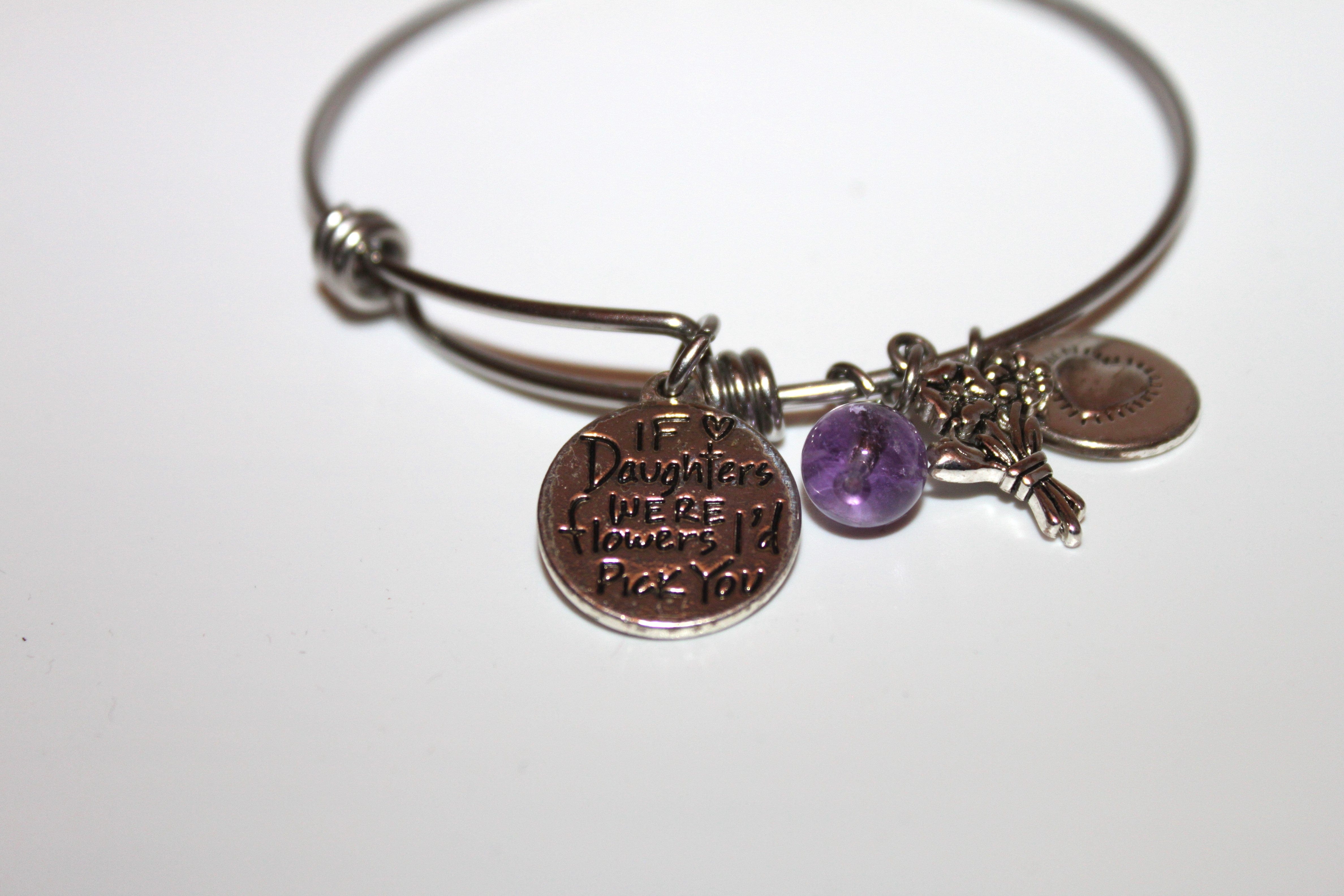 Bracelet - Silver bracelet for love of Daughter - purple amethyst, flower and gratitude charms - 7" JL072