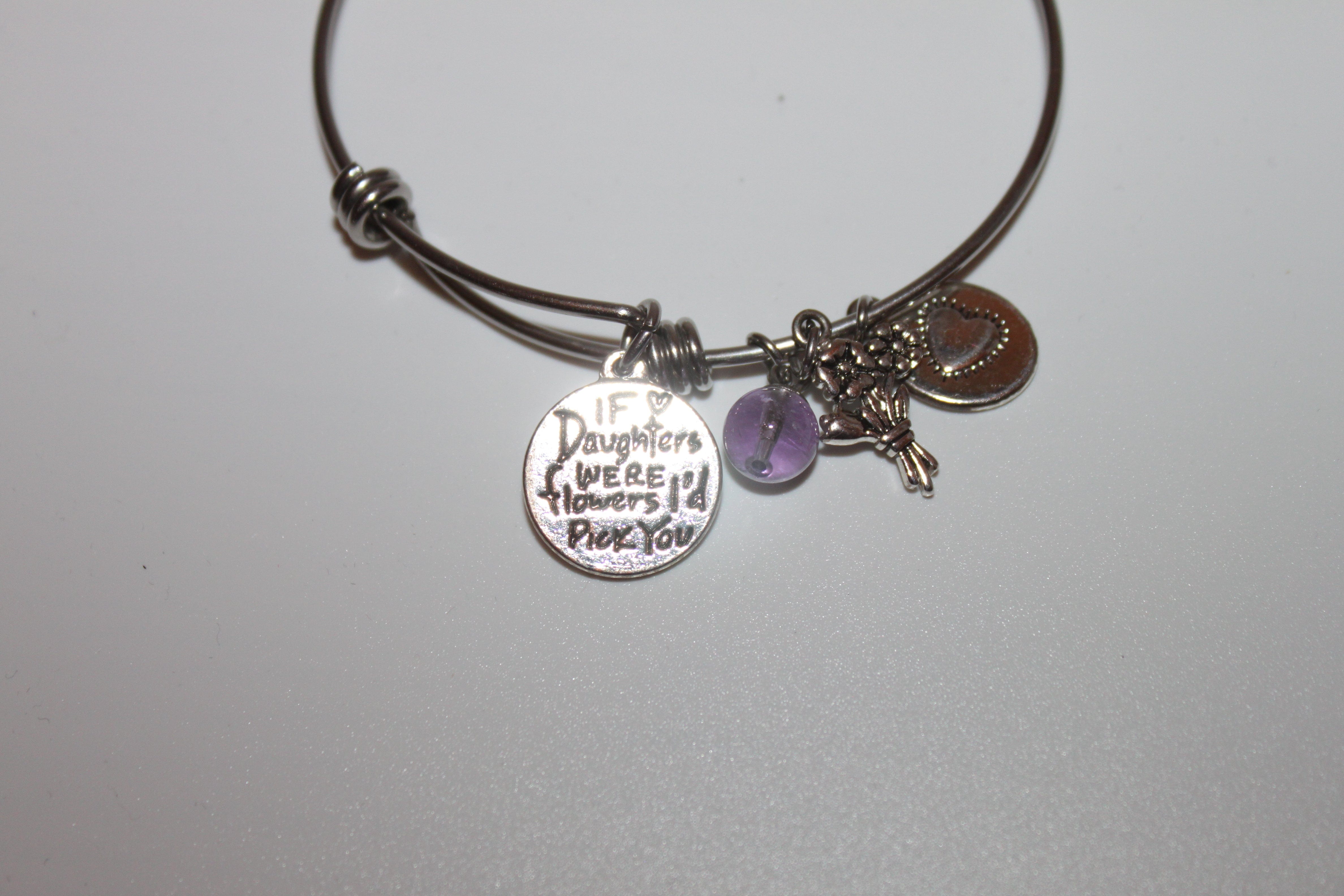 Bracelet - Silver bracelet for love of Daughter - purple amethyst, flower and gratitude charms - 7" JL072