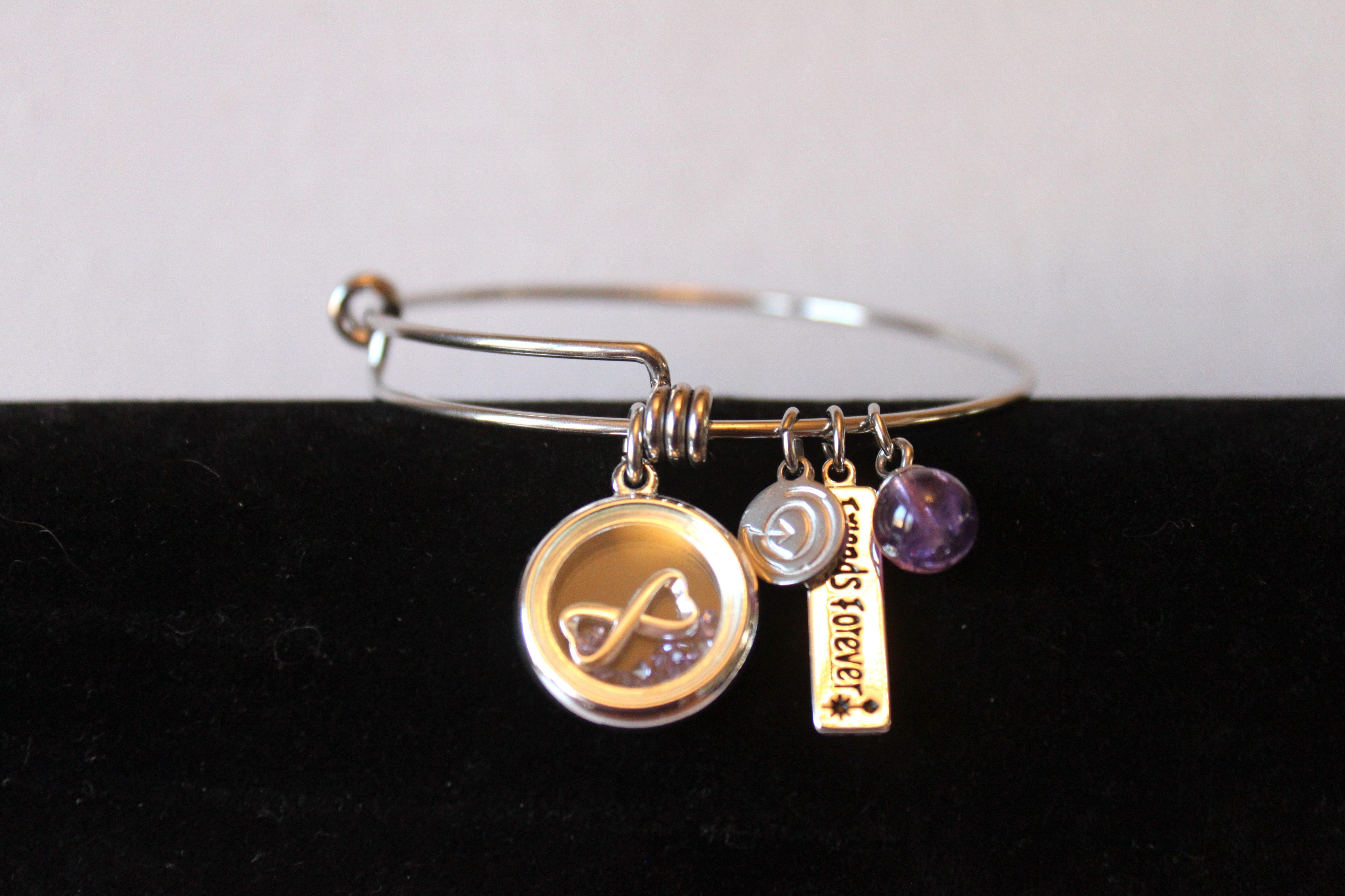 Bracelet - Silver bracelet (Friends Forever) - purple amethyst, friends, and infinity charms - 7" JL073
