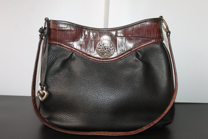 Brighton Shoulder Bag - Black and Brown Leather Handbag w/Silver Accents- Excellent Condition HB051
