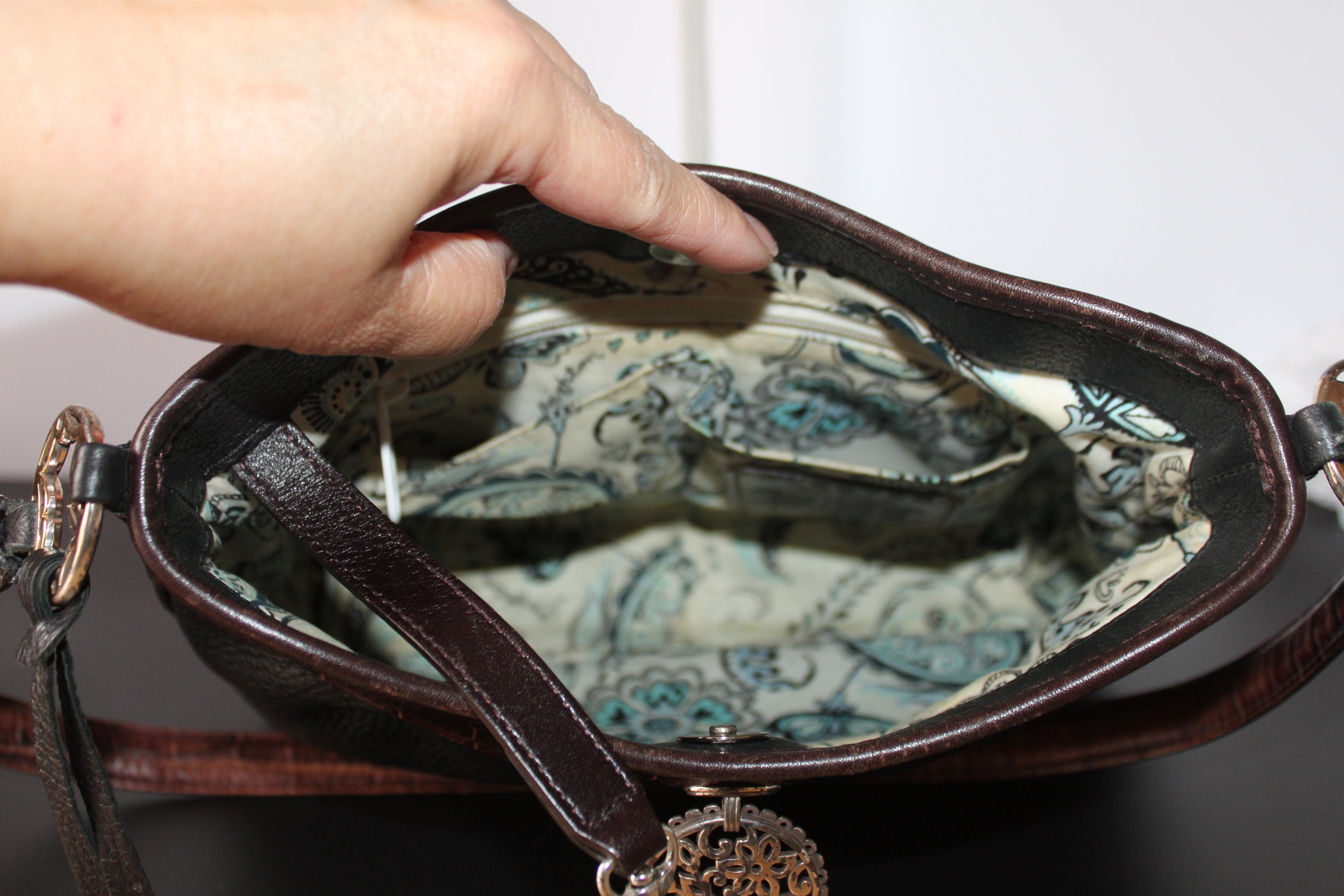 Brighton Shoulder Bag - Black and Brown Leather Handbag w/Silver Accents- Excellent Condition HB051