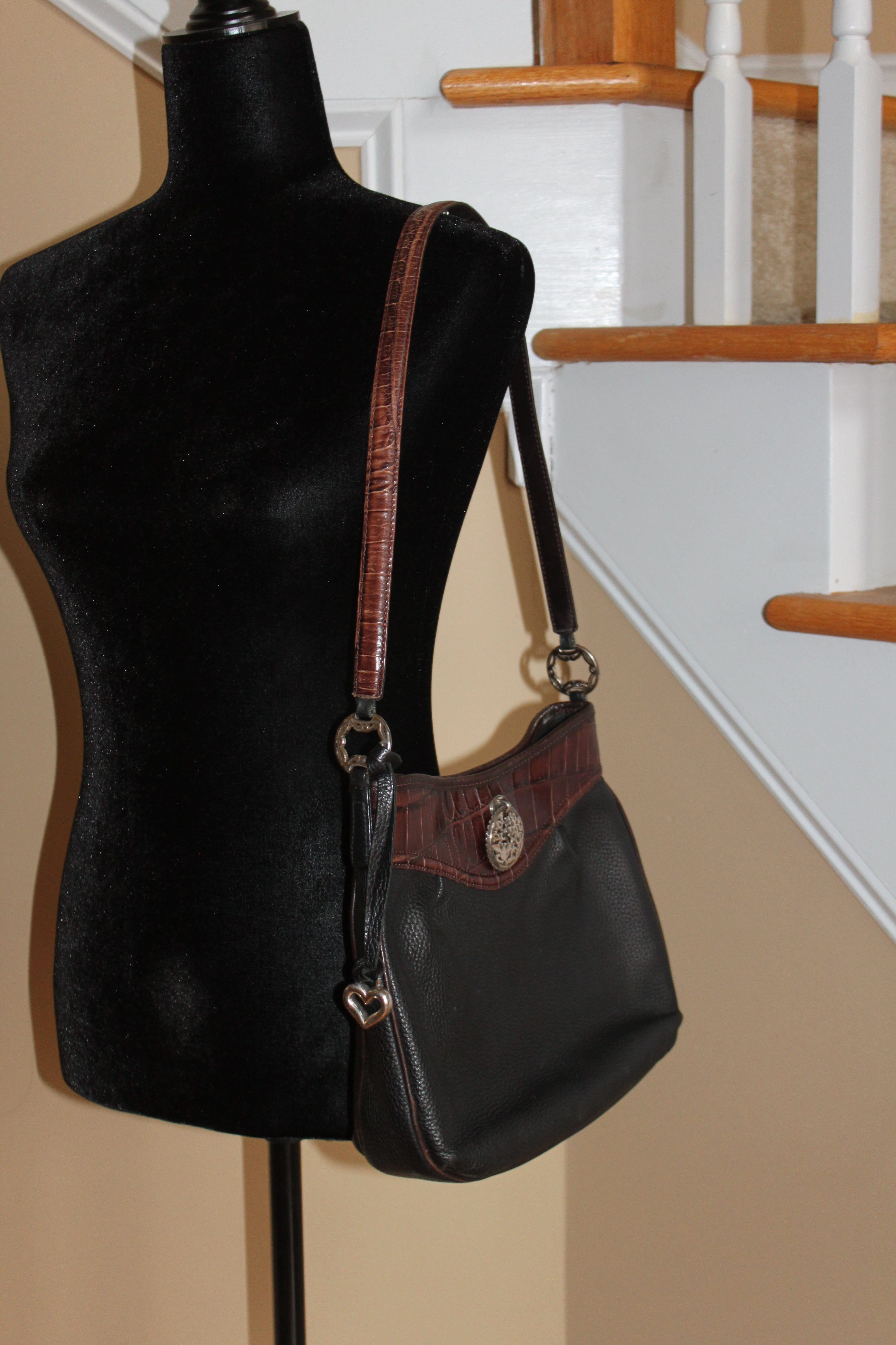 Brighton Shoulder Bag - Black and Brown Leather Handbag w/Silver Accents- Excellent Condition HB051