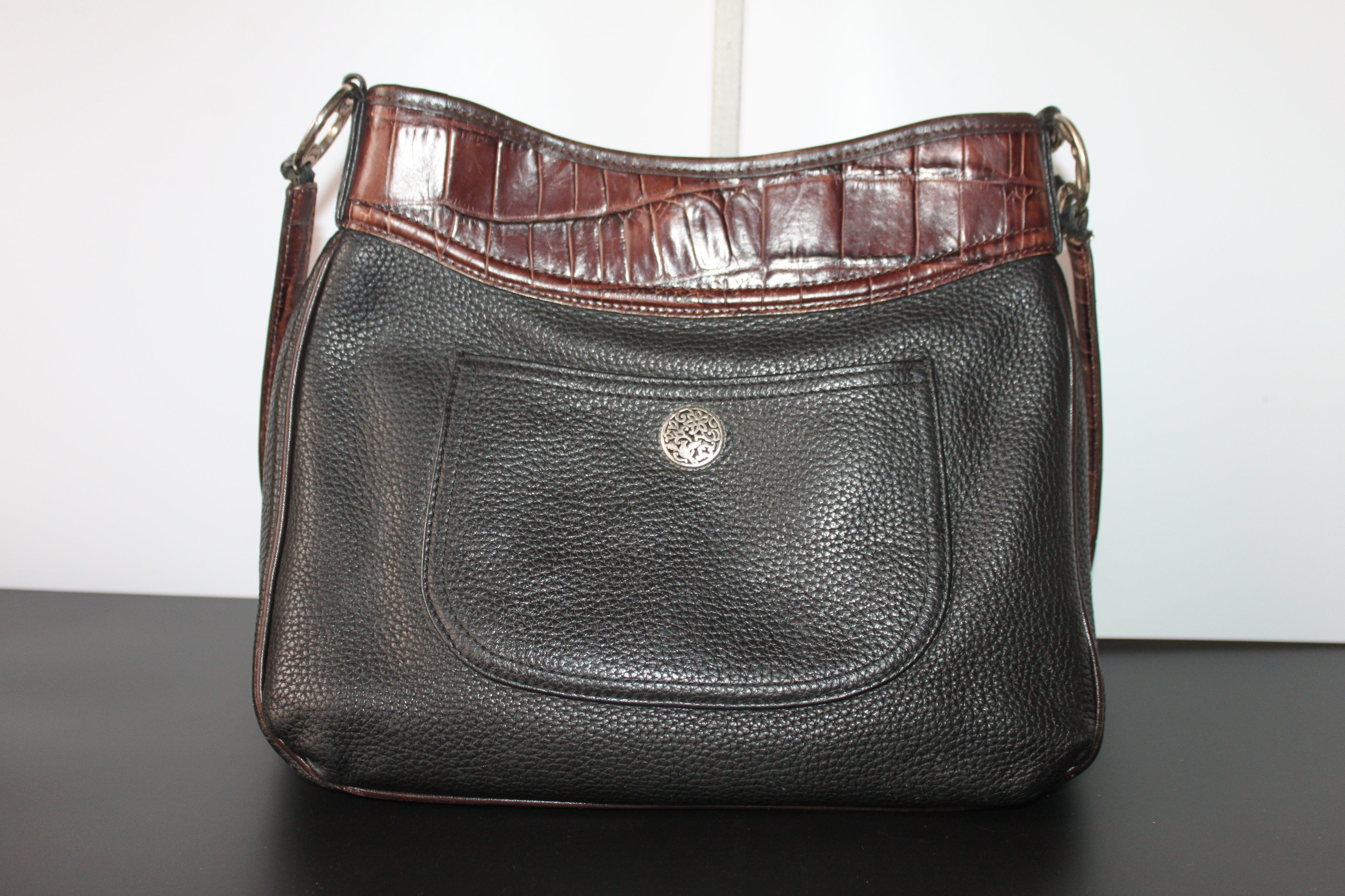 Brighton Shoulder Bag - Black and Brown Leather Handbag w/Silver Accents- Excellent Condition HB051