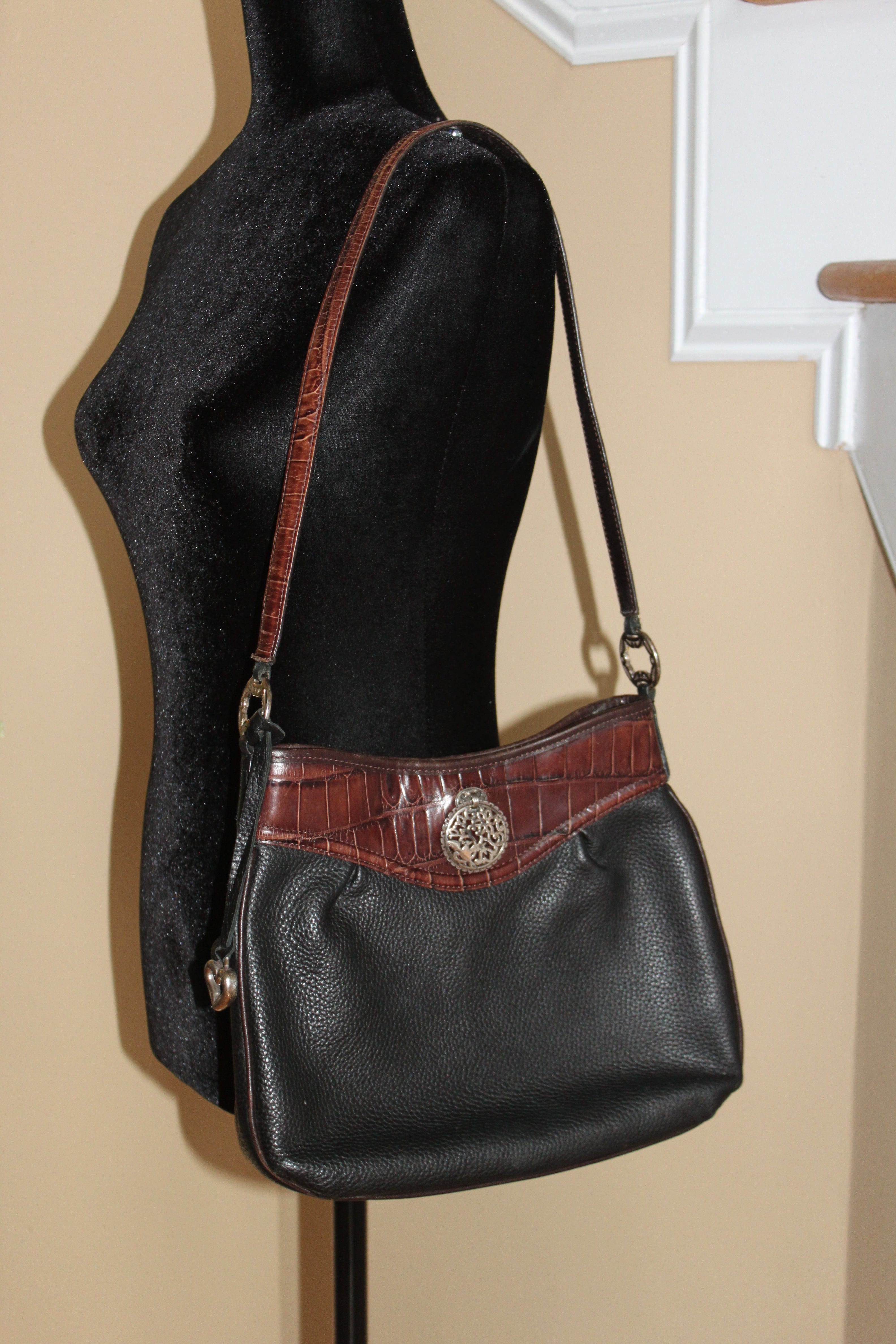 Brighton Shoulder Bag - Black and Brown Leather Handbag w/Silver Accents- Excellent Condition HB051
