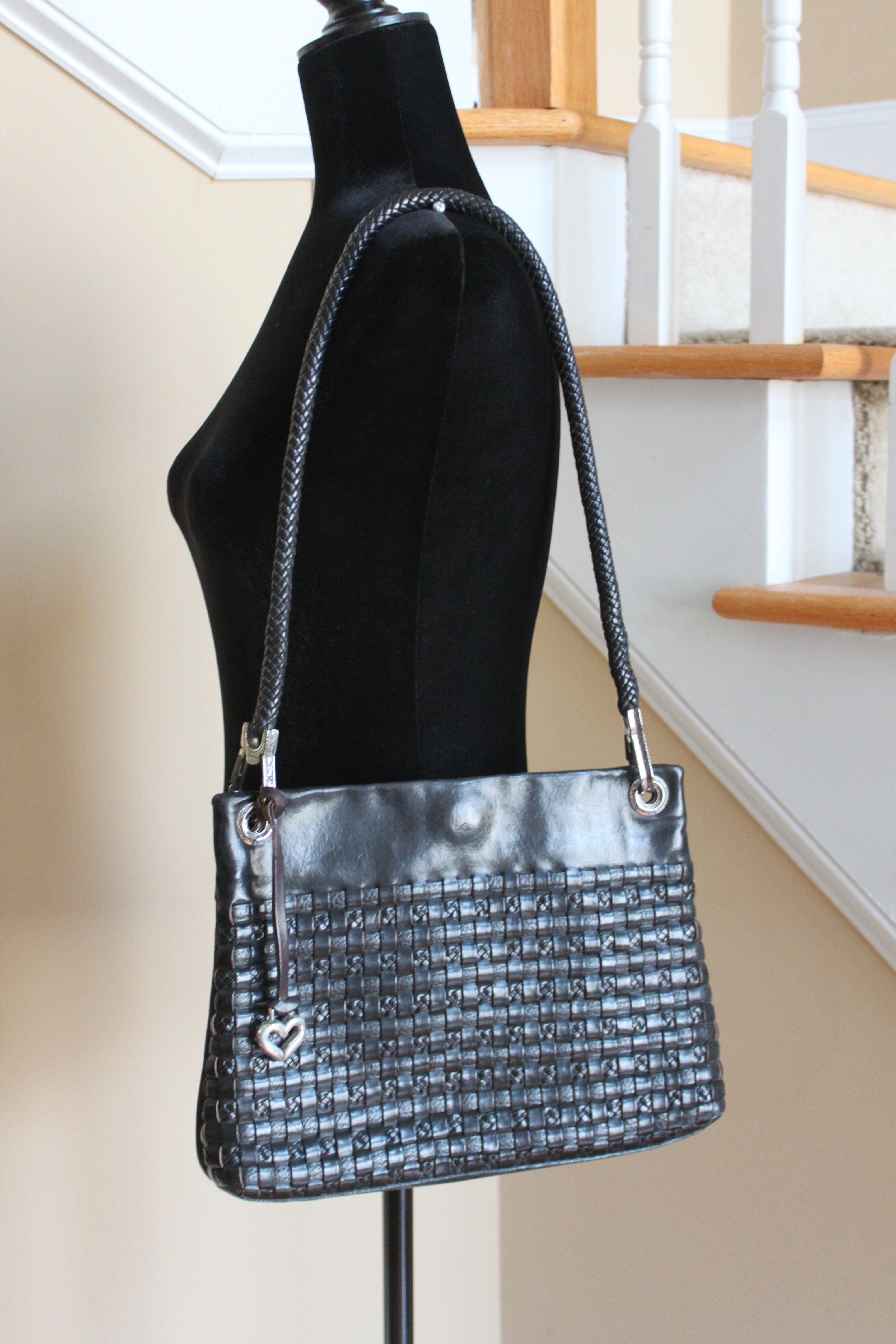 Brighton Vintage Shoulder Bag - Black Leather with silver accents and signature heart bag charm/Vintage HB009