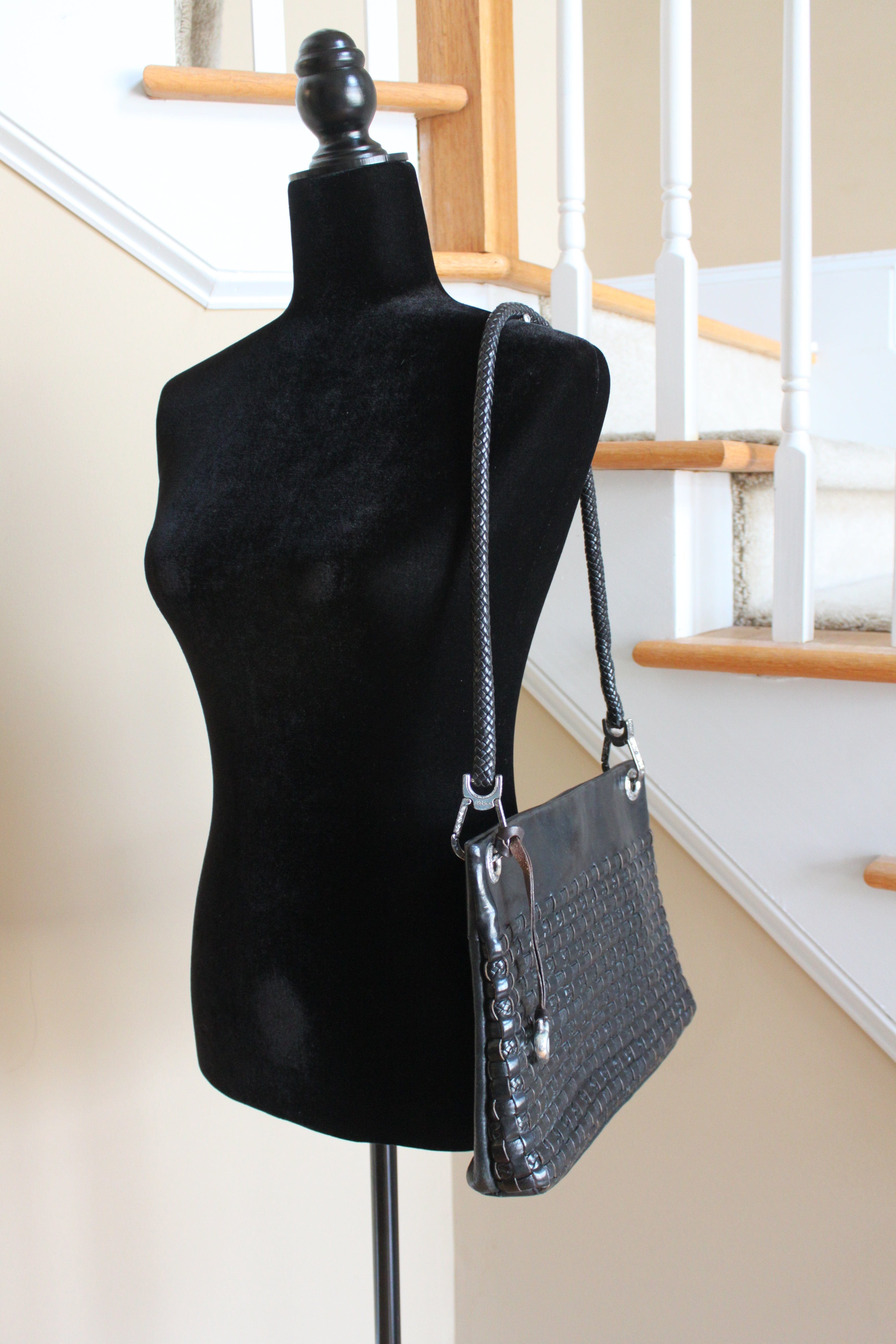 Brighton Vintage Shoulder Bag - Black Leather with silver accents and signature heart bag charm/Vintage HB009