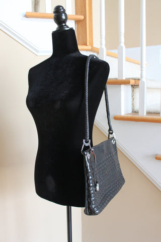Brighton Vintage Shoulder Bag - Black Leather with silver accents and signature heart bag charm/Vintage HB009