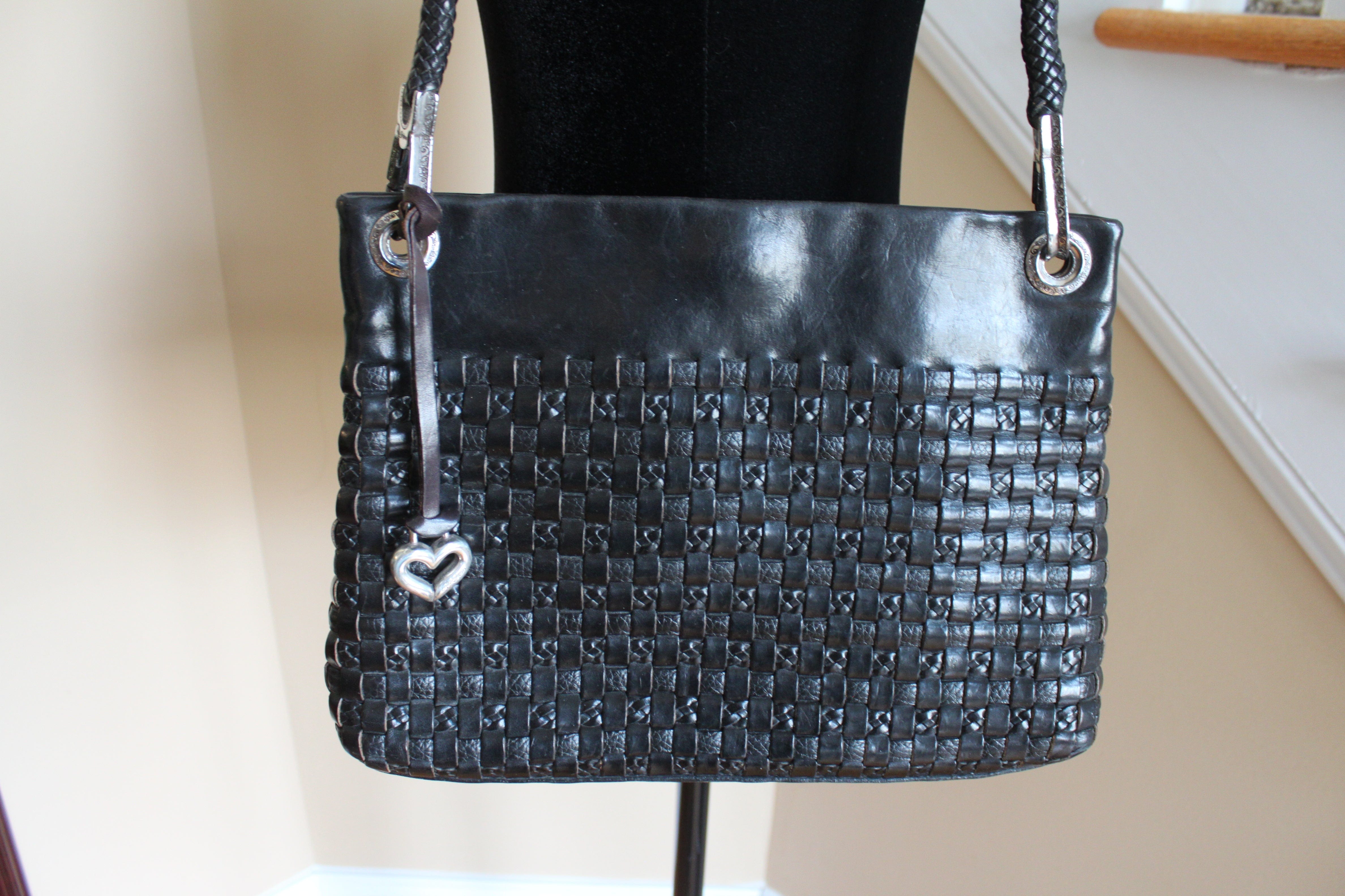 Brighton Vintage Shoulder Bag - Black Leather with silver accents and signature heart bag charm/Vintage HB009
