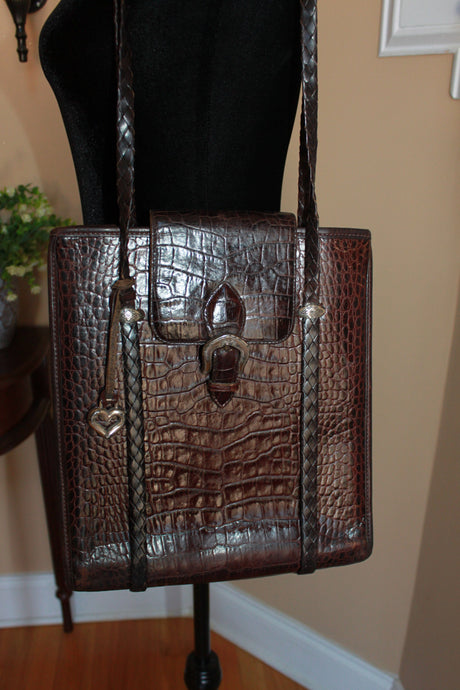 Brighton Vintage Shoulder Bag - Large brown shoulder bag - leather and croc pattern HB052
