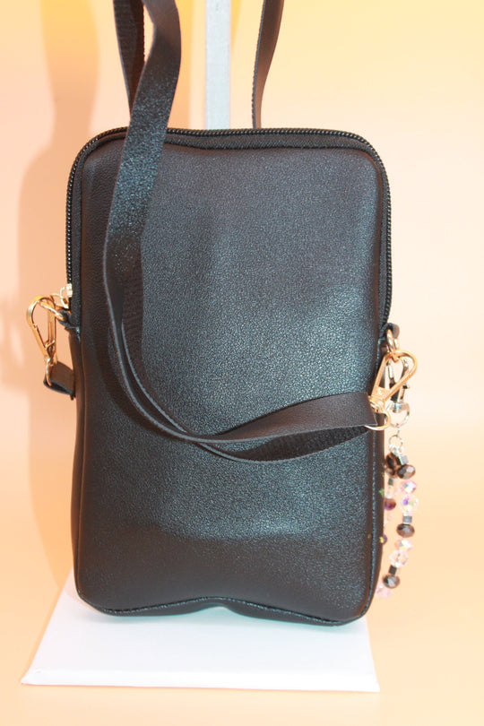 Crossbody Bag - Small black fashion handbag with adjustable strap and pretty bag charm HB054