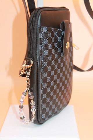 Crossbody Bag - Small black fashion handbag with adjustable strap and pretty bag charm HB054